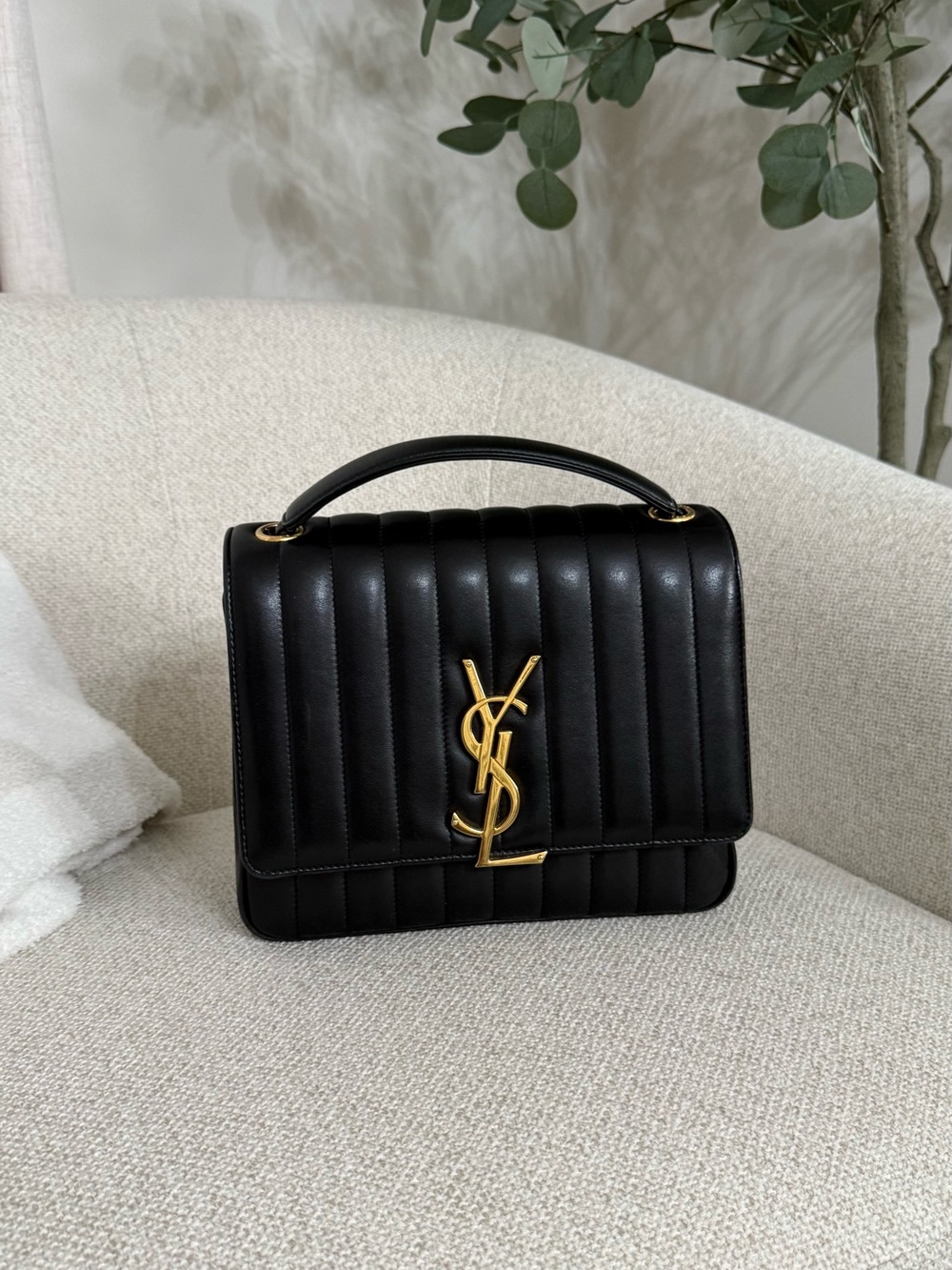 Large Vicky Saint Laurent Black Quilted Top Handle Satchel with Gold YSL
